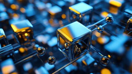 Wall Mural - Networked metallic cubes, glowing, abstract, digital, background
