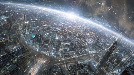 Wall Mural - Futuristic Cityscape with Illuminated Buildings and Blue Planet