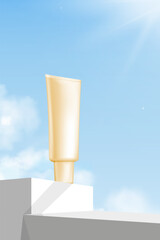 Poster - Background podium for product display on blue sky,cloud.Vector 3d skincare tube on white abstract platfrom mock up stand for Summer cosmetic product