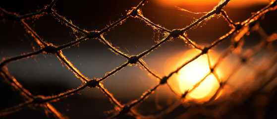 Worn net catching light at sunset, creating artistic closeup