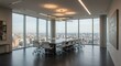 © RidgelyE - Modern Meeting Room With City View Sunlight Over Table Chairs and Large Windows Photo