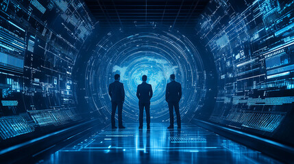 envisioning tomorrow three figures stand at the portal to a digital future ready to innovate in a te