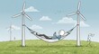 © aprilia - Relaxing stick figure in hammock between wind turbines on a sunn