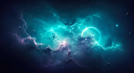 Wall Mural - celestial nebula cosmic landscape turquoise planet fantasy space