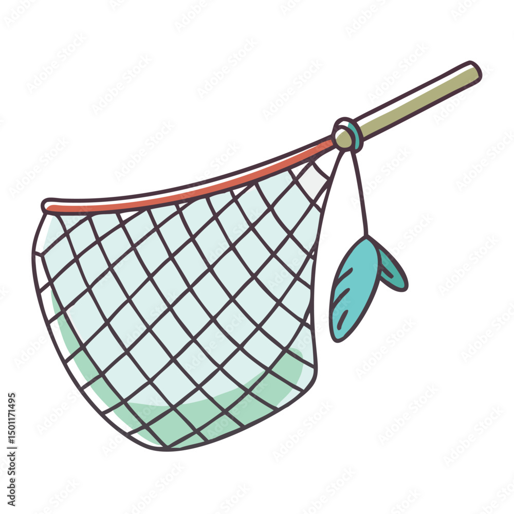 Cartoon illustration of a fishing net with leaves caught inside, light ...