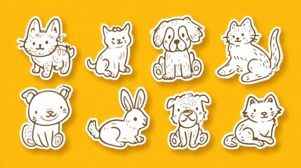 Poster - Cute Pet Stickers on a Bright Yellow Background Featuring Various Adorable Animals in Playful Poses