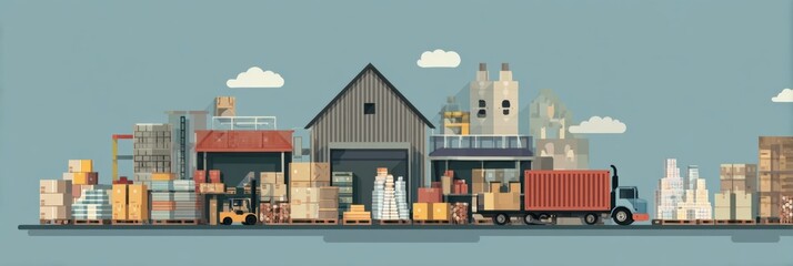 Poster - Storage and Delivery Process of Building Goods in a Flat Infographic Format Showcasing Logistics Operations