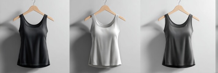 Poster - Stylish Gym Wear Mockup Displaying Three Tank Tops on Wooden Hangers Against a Minimalistic Gray Background
