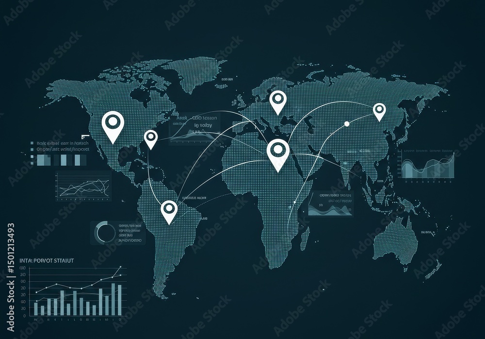 Digital World Map Illustration Showing Network Data Connectivity And ...