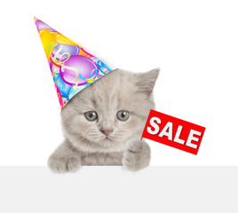 Poster - Funny kitten wearing party cap shows signboard with labeled 