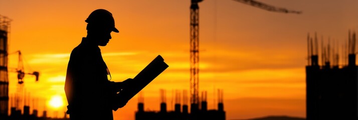 Fototapete - Engineer Silhouette Reviewing Building Plans in Front of a Construction Site at Sunset With Cranes in the Background