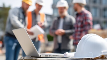 Poster - Construction Professionals Discuss Plans On-Site While Using a Laptop and Wearing Helmets During a Meeting