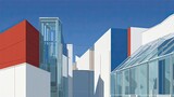 Modern Architecture Geometry in Glass with Red, and and White against Blue.