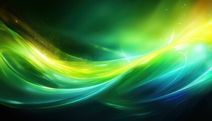 Poster - vivid neon wave light streaks in green blue and yellow on dark background for futuristic web design, digital branding, abstract print, or motion graphic overlay

