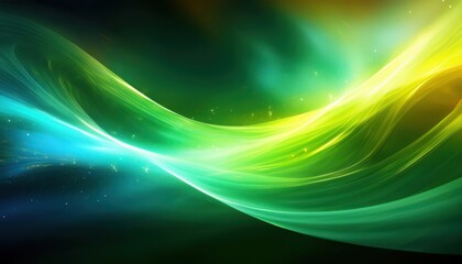 Poster - vivid neon wave light streaks in green blue and yellow on dark background for futuristic web design, digital branding, abstract print, or motion graphic overlay

