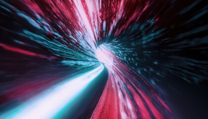 Poster - vivid light tunnel with neon warp motion in pink and cyan hues for digital artwork, web design, or futuristic branding

