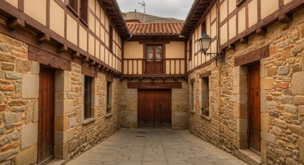  Photo of a Historic Street with Stone Buildings and Wooden Doors