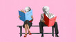 © master1305 - Surreal art design. Man and woman with classic bust heads sit on bench reading books titled Philosophy and Love Story with neutral expressions. Concept of contrast, knowledge, romantic, date