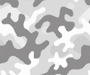 Poster - Halftone camouflage pattern background. Classic military clothing style. Masking camo repeat print. Black and white seamless camouflage halftone texture.
