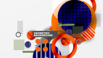 Aufkleber - Abstract geometric composition. Circles, rectangles overlap creating dynamic visual effect. Orange, navy, white dominate design.