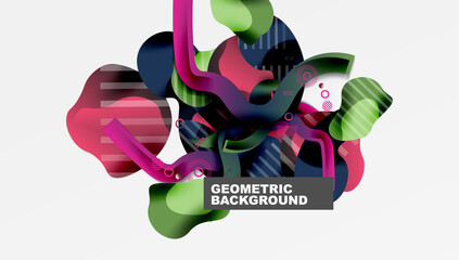 Fototapete - Abstract colorful shapes overlap, creating dynamic composition. Modern design features gradients, lines, circles. Background is white.
