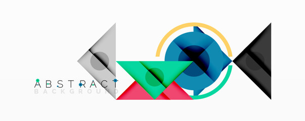 Poster - Modern abstract design. Geometric shapes overlap, creating dynamic composition. Bright colors contrast with gray tones. Minimalist style.