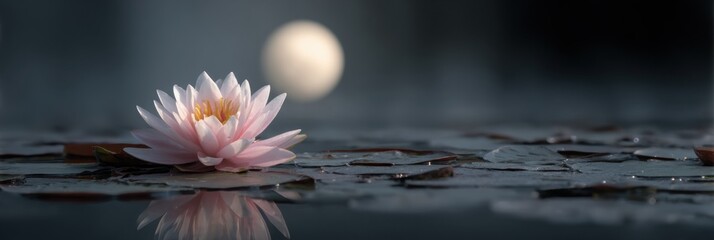 Poster - Lotus Flower Blooms Gracefully in Moonlit Water Surrounded by Lily Pads