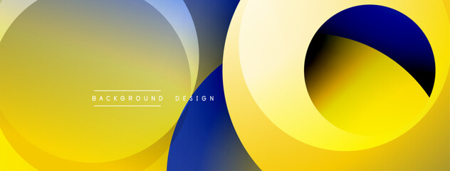 Fototapete - Abstract yellow, blue layers create dynamic visual. Overlapping circles suggest movement, depth. Text reads background design. Modern aesthetic.