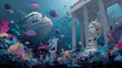 © Qaqas - Underwater sea landscape with submarine, fish, corals, marine plants and animals, marble columns and fragment of Neptune statue. Vector cartoon illustration of tropical ocean scene with bathyscaphe
