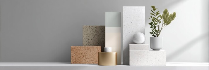 Aufkleber - Modern Building Materials Branding Mockup on a White Display Stand Featuring Minimalist Design Elements and Natural Accents