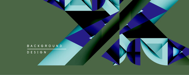 Aufkleber - Abstract geometric design features layered shapes, vibrant blues, teal, dark shades over olive background. Modern aesthetic, dynamic composition, visual texture.