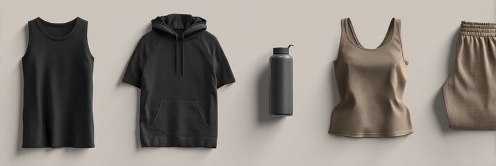 Aufkleber - Gym Wear Mockup Showcasing Various Fitness Apparel With Water Bottle on a Plain Background
