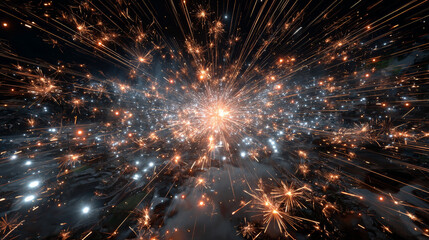 Colorful fireworks with sparkling bursts on dark sky. Festive pyrotechnic effects with brilliant light trails and glowing particles. Celebration background frame with exploding firecrackers.