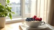 © Nuttaya Nampai - A delicious and nutritious breakfast featuring muesli, mixed berries, and a cup of cappuccino on a cozy morning table.