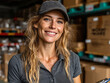 © wing - worker standing in a warehouse, wearing a polo shirt, cap, and necklace, holding a clipboard and pen. The background features shelves with various items
