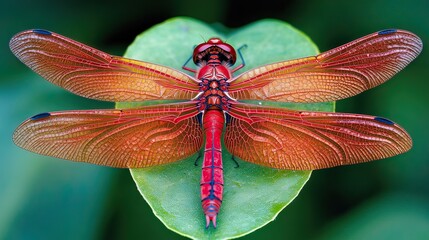 Vibrant red dragonfly perched on a heart-shaped leaf