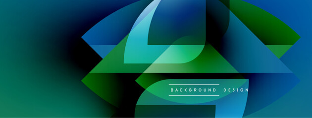 Poster - Abstract geometric shapes, vibrant blues, greens create modern background. Smooth gradients, dynamic composition, sleek design elements present.