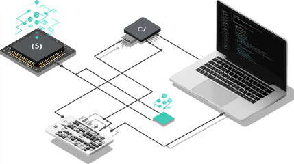 Coding and programming doodle icons. Algorithm scheme to developing software. Computer monitor with code on screen, laptop, microcircuit chip and keyboard, connected by arrows. Line art vector
