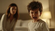 © SASI   SPACE - Boy with ADHD can't sleep in his bedroom, having tantrum, breakdown during bedtime routine with mother seen worried, stressed in background. hyperactivity, Impulsivity, difficulty sitting still