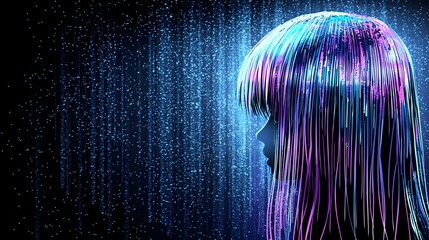 Wall Mural - digital portrait of a female silhouette with neon colors and abstract rain in a dark background
