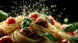© happy - Spaghetti with Meatballs and Basil: A delectable plate of spaghetti topped with savory meatballs, vibrant cherry tomatoes, and fresh basil, captured in a dynamic moment with seasoning being sprinkled.