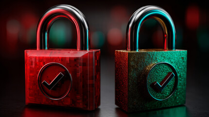 Wall Mural - protection, safety concept icons with red and green padlock with tick and cross sign. open and close