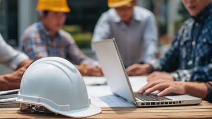 Aufkleber - Construction Professionals Collaborate on Site With Laptops and Safety Helmets During a Planning Meeting in an Outdoor Environment