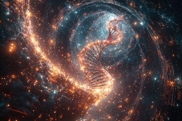 Wall Mural - futuristic digital dna helix with glowing particles in a cosmic space environment