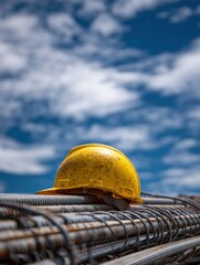 Aufkleber - Hard Hat Resting on Stacked Rebar Under a Bright Blue Sky With Scattered Clouds During Daylight Hours on a Construction Site