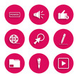 © Oksana - Set Arrow cursor, Microphone, Play in square, Pencil with eraser, Document folder, Film reel, Hand like and Power button icon. Vector