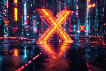 Wall Mural - futuristic neon x in a digital cityscape with glowing lights and reflective surfaces