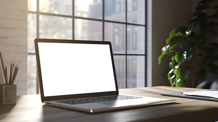 Canvas Print - contemporary office setting with laptop with transparent png screen on clean desk and ample space be