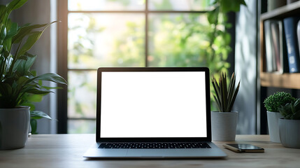 Canvas Print - contemporary office setting with laptop with transparent png screen on clean desk and ample space be