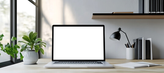 Canvas Print - bright modern home office transparent png scene featuring open laptop on clean desk with ample space